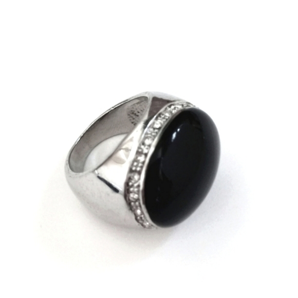 Vintage Onyx Cabochon & Rhinestone Art Deco Ring Size 7 - Picture 10 of 16